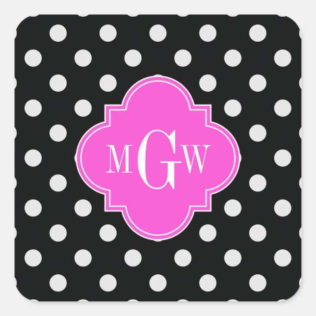 Schwarzer Polka Dot Hot Pink Quatrefolie 3 Monogra Quadratischer Aufkleber (Vorderseite)