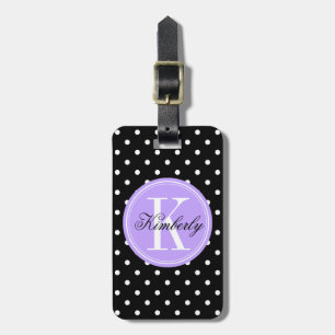Schwarzer Polka-Dot mit Lilac Monogramm Gepäckanhänger