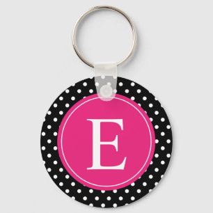 Schwarzer Polka Dot Rosa Monogramm Schlüsselanhänger