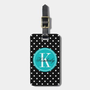 Schwarzer Polka-Punkt mit aquamarinem Monogramm Gepäckanhänger