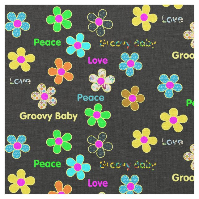 Schwarzer psychedelischer 60er Groovy Blumen-Druck Stoff (Nahaufnahme)