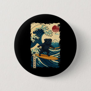 Schwarzer Pug Japanische Kanagawa Welle Surfen Jap Button