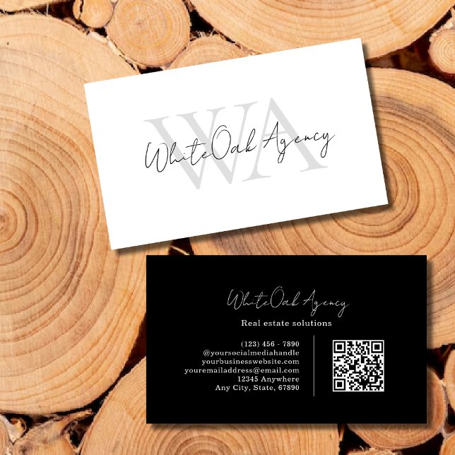 Schwarzer QR-Code Moderne Kalligrafie-Schrift Mono Visitenkarte (Von Creator hochgeladen)