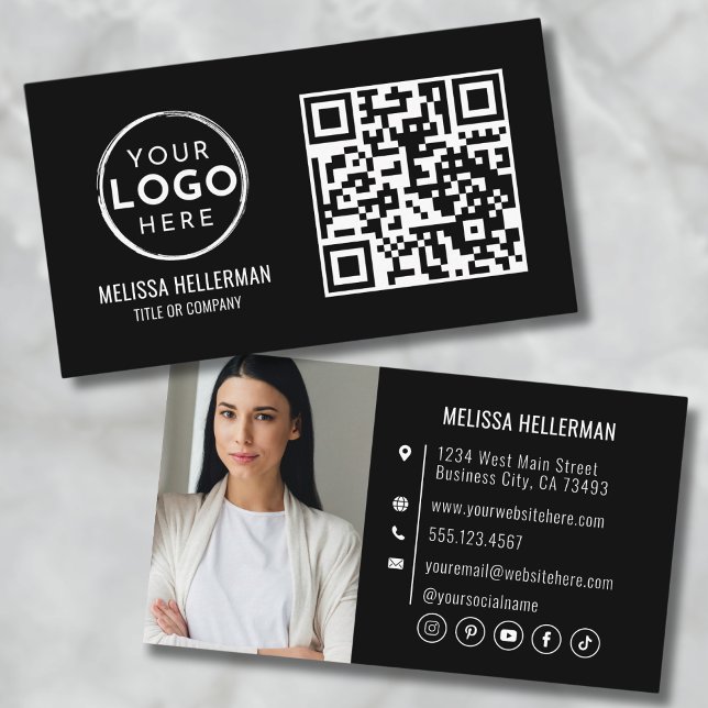 Schwarzer QR-Code Modernes Berufliches Foto Ihr Lo Visitenkarte (Black QR Code Modern Professional Photo Your Logo Business Card)