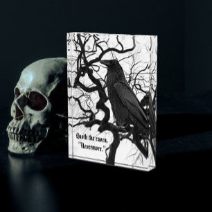 Schwarzer Rabe im Baum Poe Zitat Fotoblock