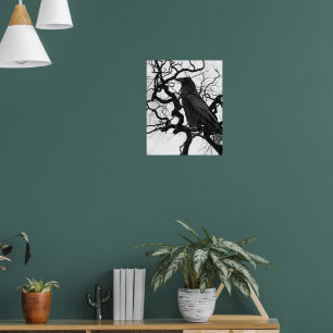 Schwarzer Rabe im Baum Schwarz-Weiß-Foto Poster