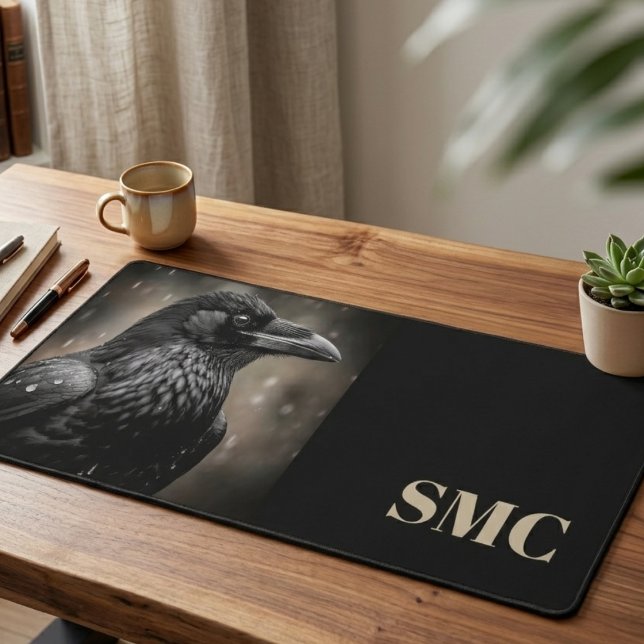 Schwarzer Rabe mit Monogramm Schreibtischunterlage (Here is a sleek raven and monogram desk mat, a unique gift for anyone who works from home.)