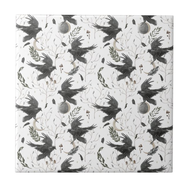 Schwarzer Rabe, Mond und wild lebende Pflanze Hexe Fliese (Vorderseite)