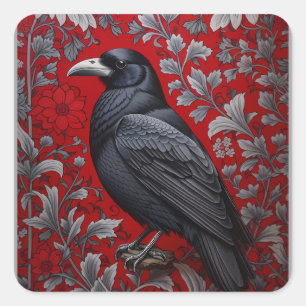 Schwarzer Rabe Rote Florale William Morris Inspiri Quadratischer Aufkleber