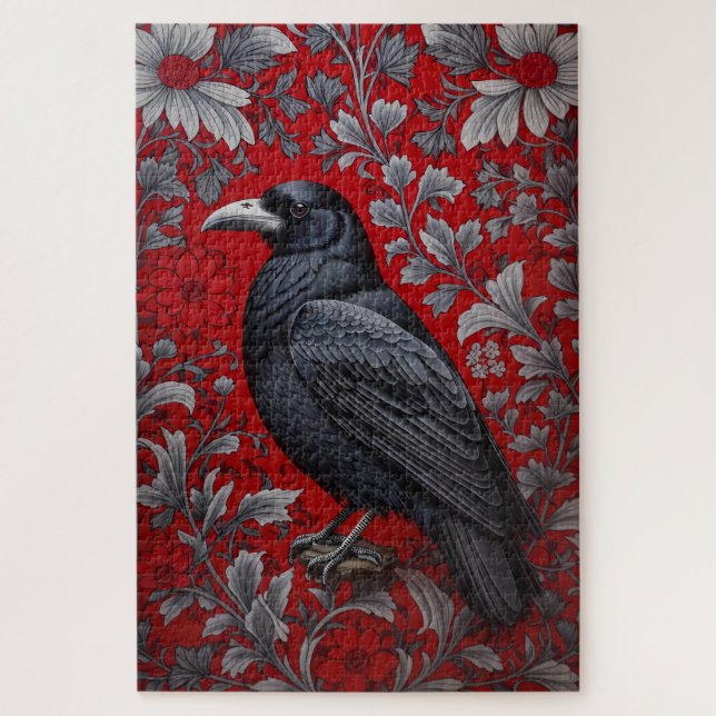 Schwarzer Rabe Rotes Blumenmuster William Morris I Puzzle (Vertikal)