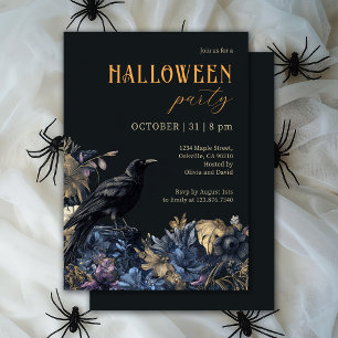 Schwarzer Rabe und dunkle florale Halloween-Party Einladung