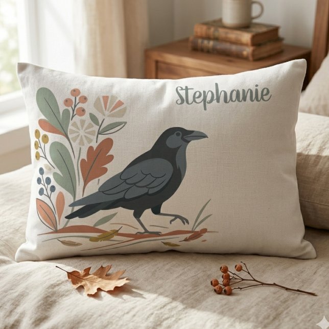 Schwarzer Raben Vogel Botanischer Herbst Dekokissen (Black raven botanical accent pillow)