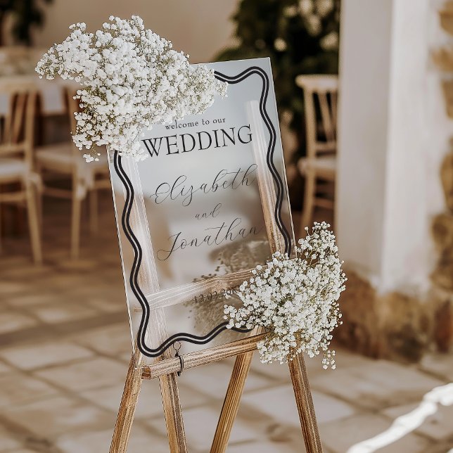 Schwarzer Rahmen Hochzeitsempfang Acrylschild (Black Wavy Frame Weddiing Welcome Acrylic Sign)