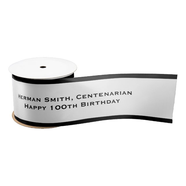 Schwarzer Rand - Wiederholter Text - Schwarz/Weiß Satinband (Spule)