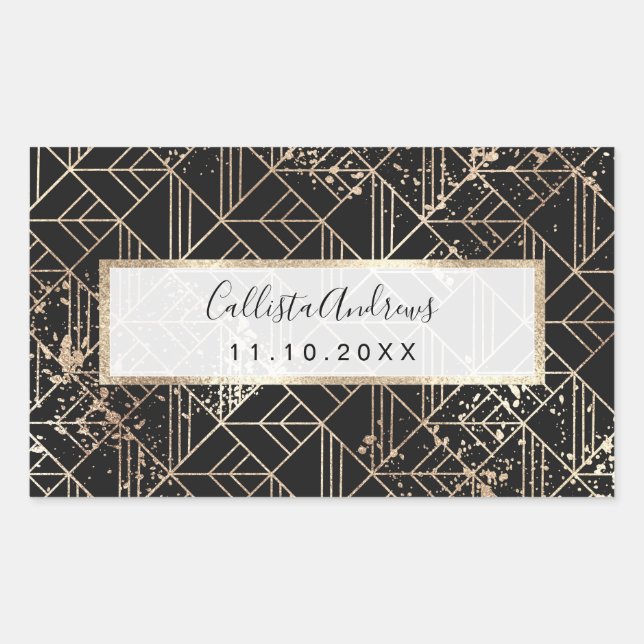 Schwarzer Retro Art Deco Geometrischer Paint-Sprit Rechteckiger Aufkleber (Vorderseite)