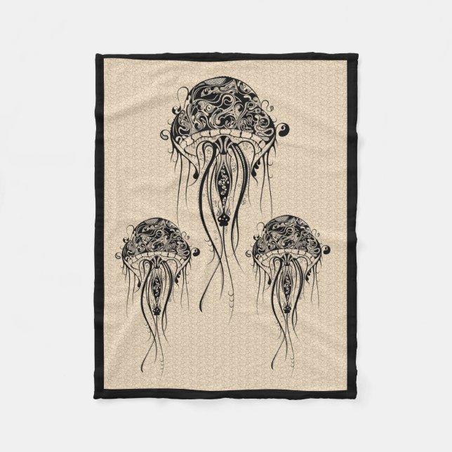 Schwarzer Retro Jellyfish Beige Hintergrund Fleecedecke (Vorderseite)