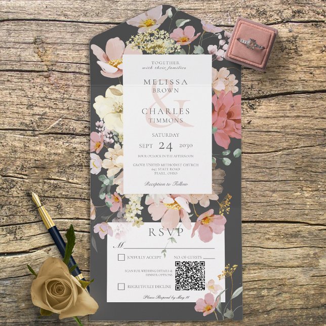 Schwarzer & Rosa Blush Boho Blumen QR Code All In One Einladung (Von Creator hochgeladen)