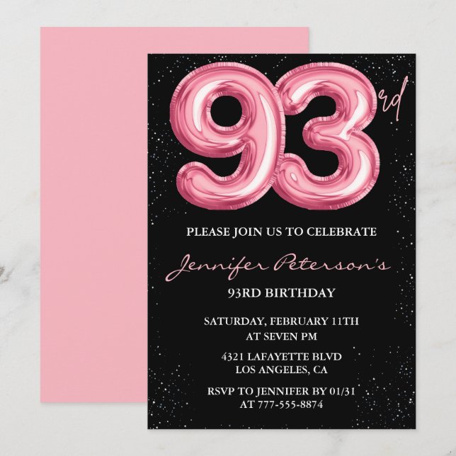 Schwarzer Rosa Luftballon Glam 93. Geburtstag Einladung (Vorne/Hinten)