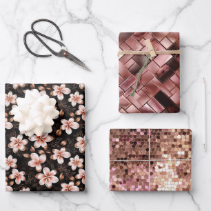Schwarzer Rosa Rosa Rose Gold Floral Geschenkpapier Set