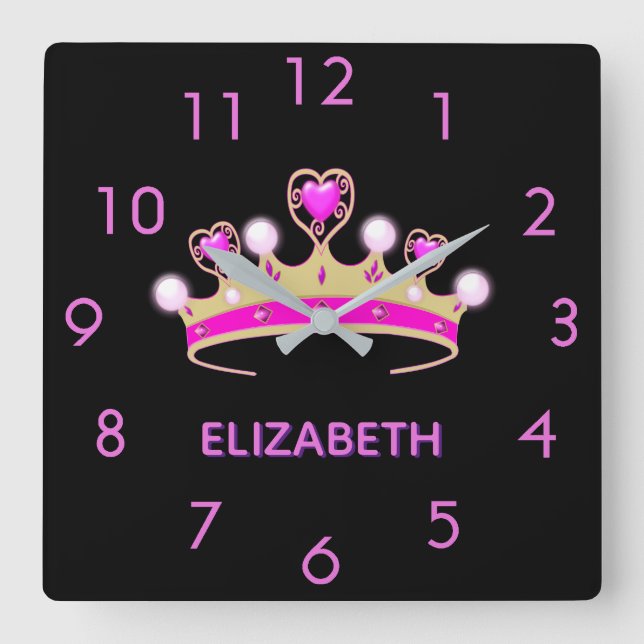 Schwarzer Rosa-Tiara-Kronenname Quadratische Wanduhr (Vorderseite)
