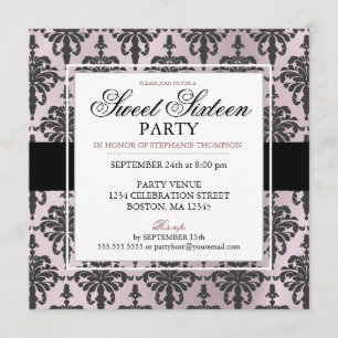 Schwarzer Rosengitter Damast Sweet 16 Party Einlad Einladung