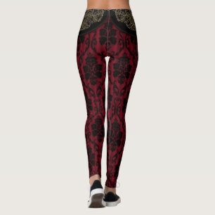 Schwarzer roter antiker Damast-Spitzenstil Leggings