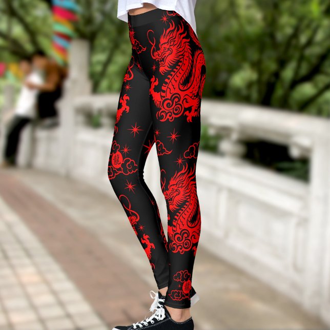 Schwarzer Roter Drache Chinesischer Montag Neujahr Leggings (LINK FOR 2026 YEAR OF THE HORSE: www.zazzle.com/collections/119527212422228266)