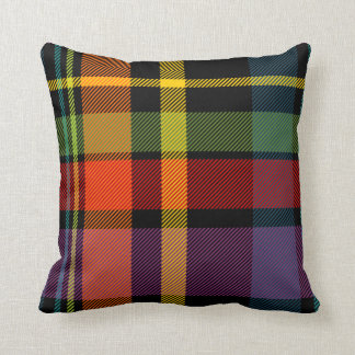 Schwarzer, roter, gelber, grüner und lila Tartan Kissen
