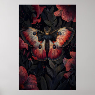Schwarzer roter Mottenaufdruck dunkle Botanik, Dun Poster
