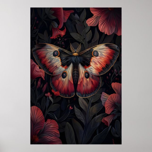 Schwarzer roter Mottenaufdruck dunkle Botanik, Dun Poster (Vorne)