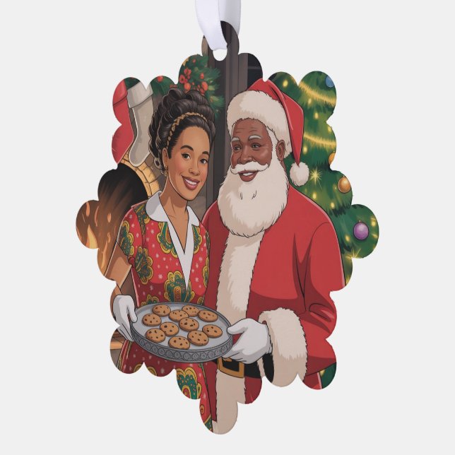 Schwarzer Santa & Mrs. Claus Ornamente Karte  (Linke Ecke)
