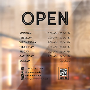 Schwarzer Sauberer Praktischer Öffnungszeiten-QR-C Fensteraufkleber