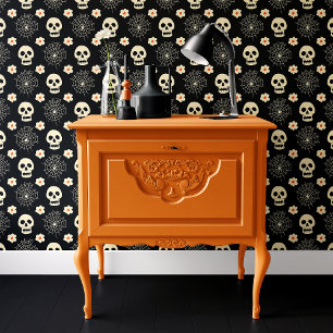 Schwarzer Schädel und Spinnennetz Blumiges Hallowe Tapete