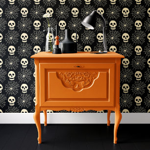 Schwarzer Schädel und Spinnennetz Halloween Tapete