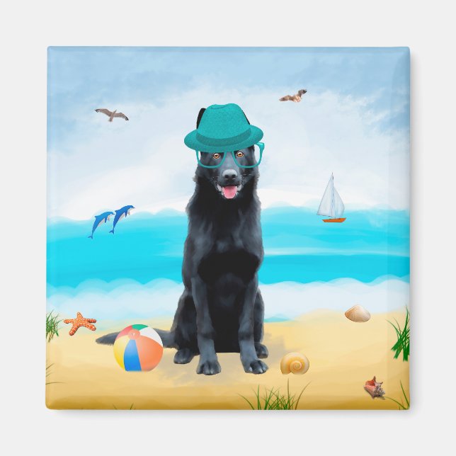 Schwarzer Schäferhund am Strand Magnet (Vorne)