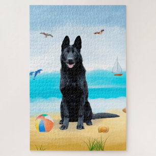 Schwarzer Schäferhund am Strand Puzzle