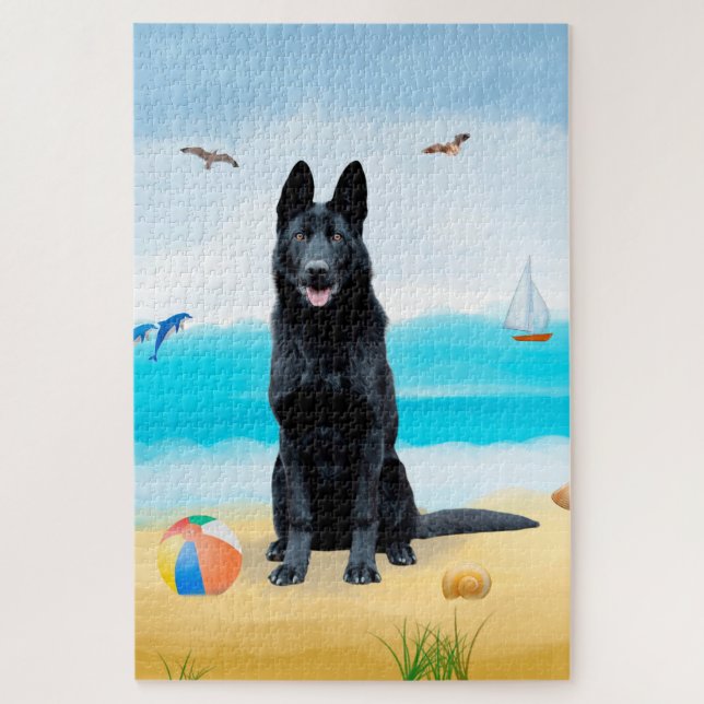Schwarzer Schäferhund am Strand Puzzle (Vertikal)