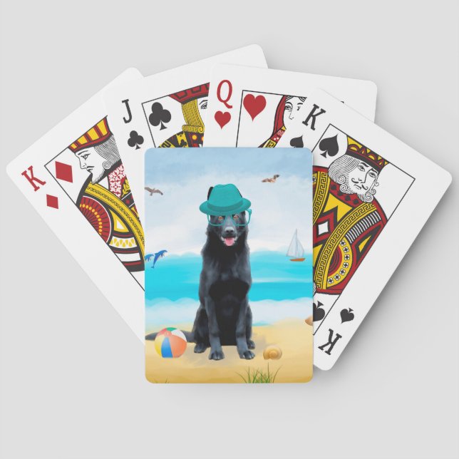 Schwarzer Schäferhund am Strand Spielkarten (Rückseite)