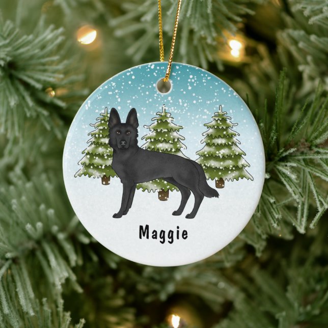 Schwarzer Schäferhund Dog Weihnachtswald Keramik Ornament (Baum)