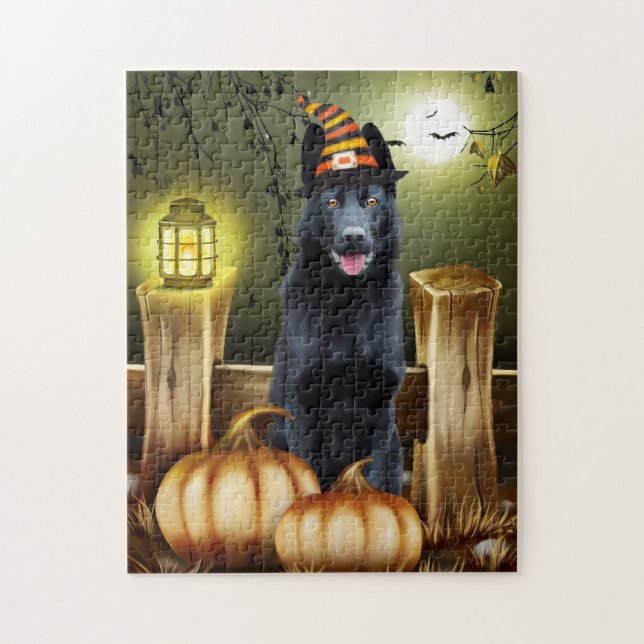 Schwarzer Schäferhund Hund Hexenhut Halloween Puzzle (Vertikal)