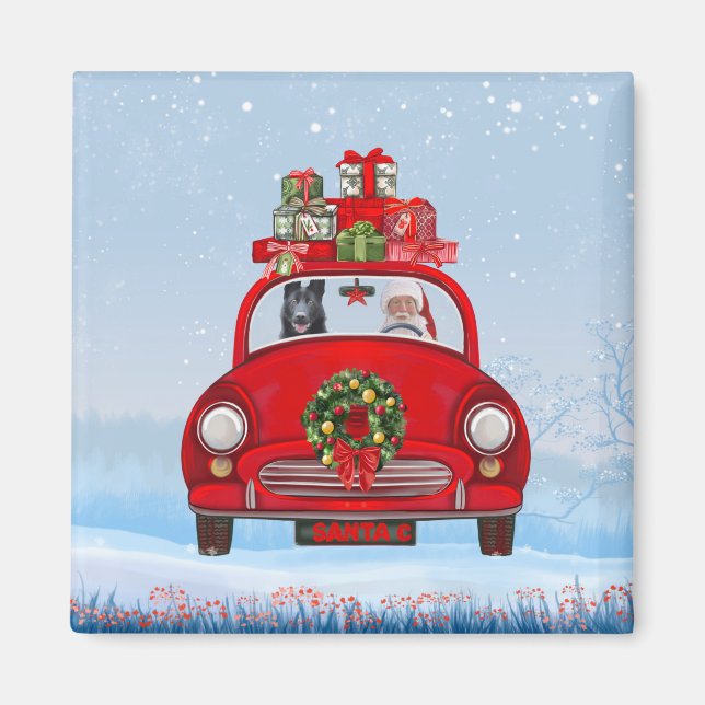 Schwarzer Schäferhund in Auto mit dem Weihnachtsma Magnet (Vorne)