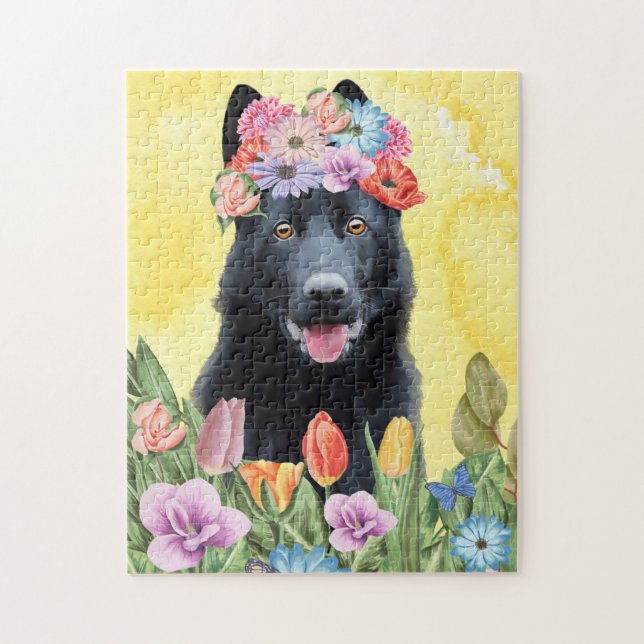 Schwarzer Schäferhund mit Blume Frühjahr Puzzle (Vertikal)