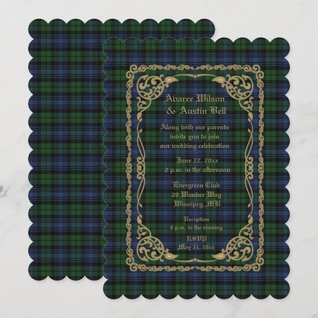 Schwarzer Schimmer antiker Tartan mit Goldrahmen Einladung (Vorne/Hinten)