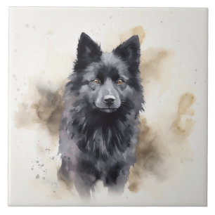 Schwarzer Schipperke-Hund, Aquarell-Tierkunst Fliese