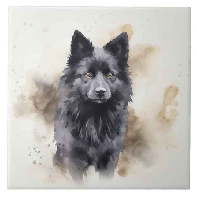 Schwarzer Schipperke Hund, Wasserfarben Haustiere  Fliese (Vorderseite)