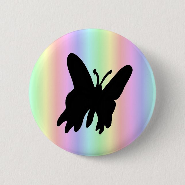 Schwarzer Schmetterling auf Pastell Rainbow Button (Vorderseite)