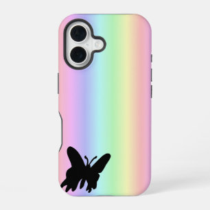 Schwarzer Schmetterling auf Pastell-Regenbogen iPhone 16 Hülle