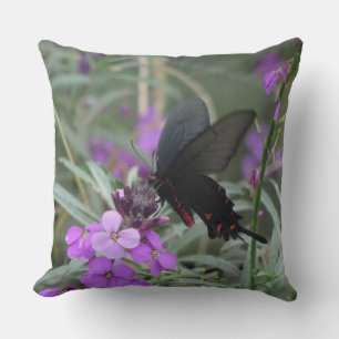 Schwarzer Schmetterling auf violetten Blüten Kiss Kissen