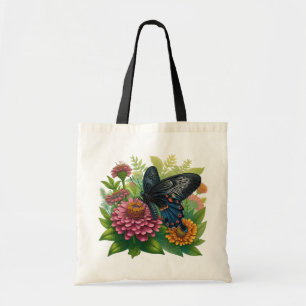 Schwarzer Schmetterling, der eine rosa Zinnia unte Tragetasche