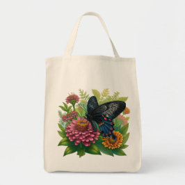 Schwarzer Schmetterling, der eine rosa Zinnia unte Tragetasche